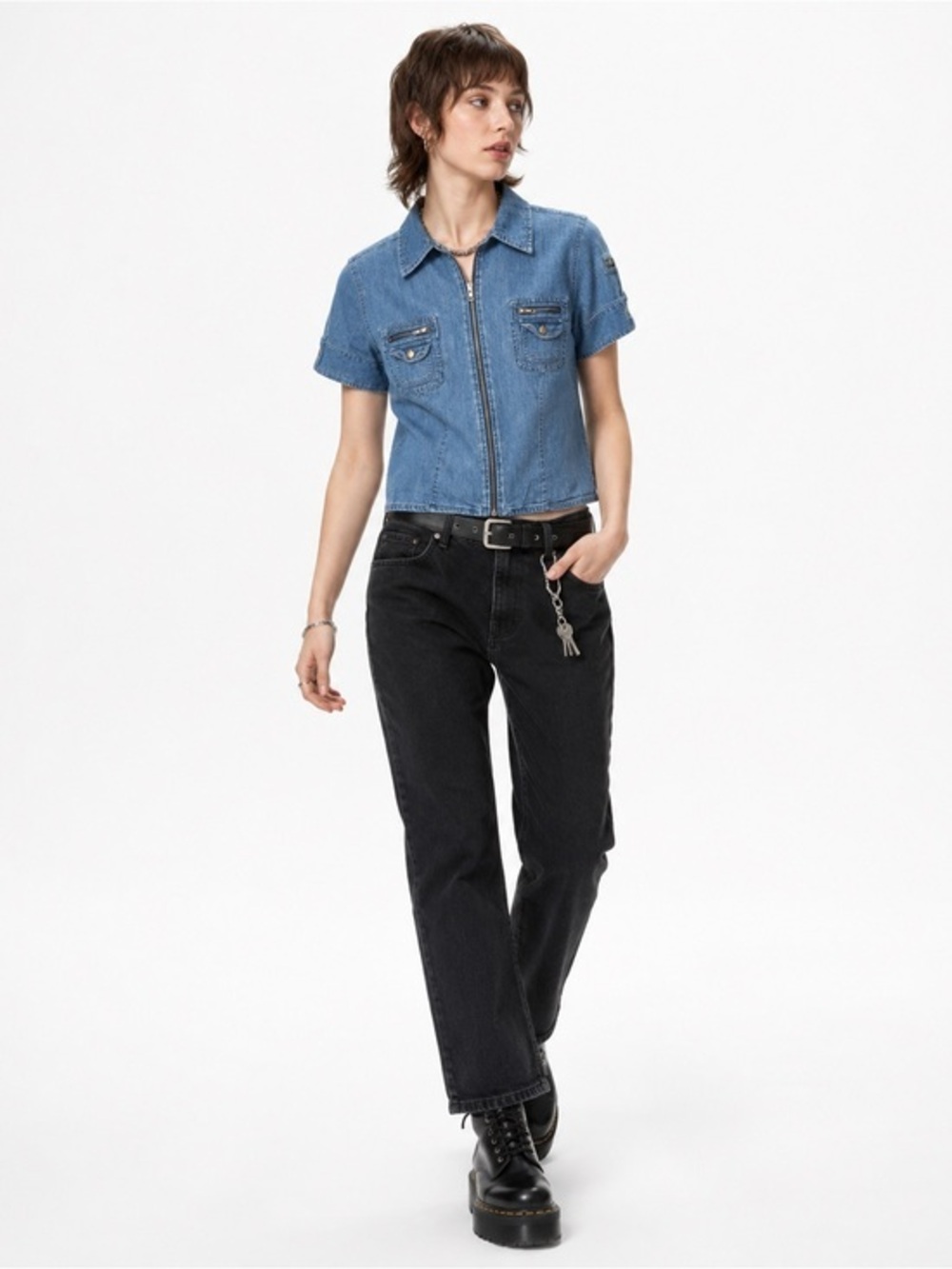 Carolina Blues Small Denim Zip Front Shirt 100% Cotton Short Sleeve Pocket